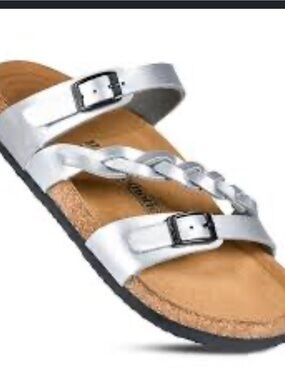 Women’s Silver Buckle Chain-Accent Comfort Sandal